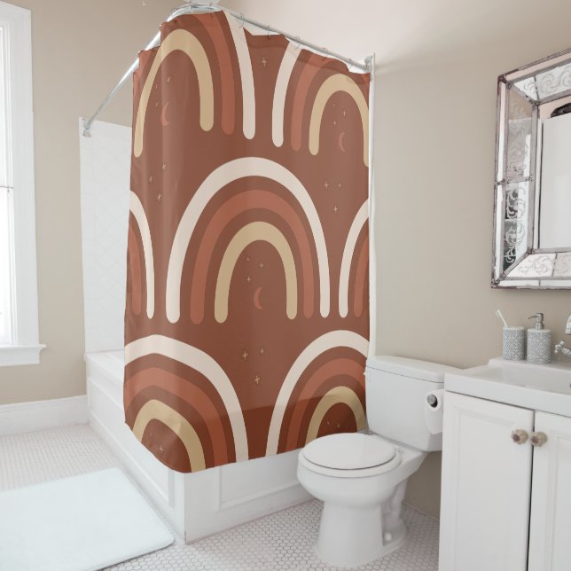 Terracotta Boho Rainbow Bohemian Moon Stars Brown  Shower Curtain (In Situ)