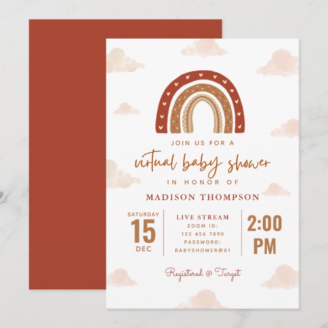 Terracotta Boho Rainbow Clouds Virtual Baby Shower Invitation (Front/Back)