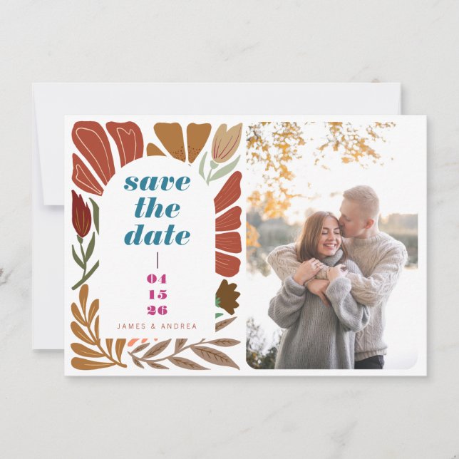 Terracotta Boho Retro Bright Floral Wedding Photo Save The Date (Front)