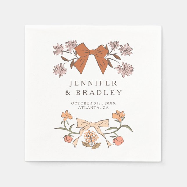 Terracotta Boho Ribbons and Flowers Wedding Napkin (Front)