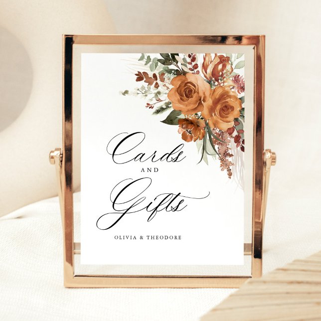 Terracotta Boho Rose Cards & Gifts Wedding Table Pedestal Sign (Terracotta boho rose floral cards and gifts wedding sign with romantic calligraphy, indoor reception)