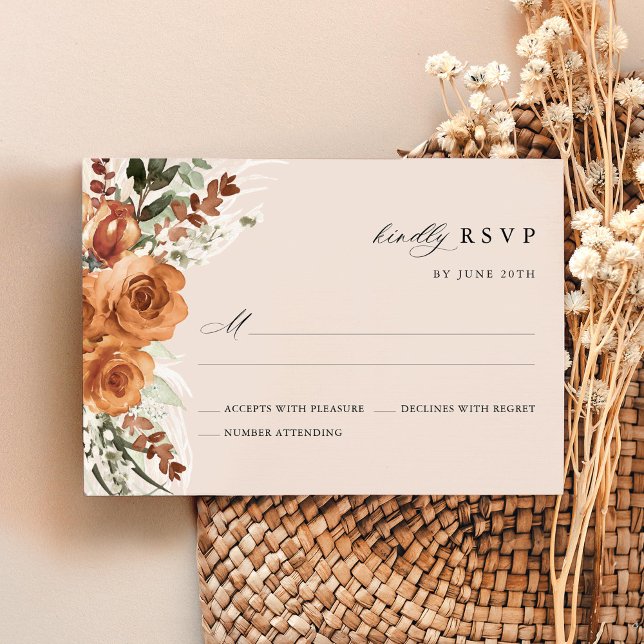 Terracotta Boho Rose Floral Watercolor Wedding RSVP Card (Terracotta rose floral boho RSVP card wedding stationery with pampas, watercolor, modern classic)