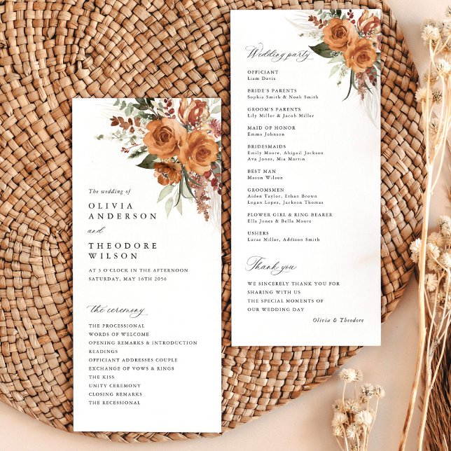 Terracotta Boho Rose Floral Wedding Ceremony Programme (Terracotta rose floral wedding program card with ceremony timeline, boho garden wedding stationery)
