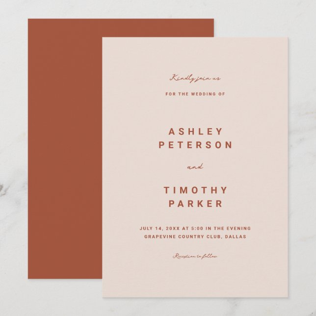 Terracotta Boho Simple Modern Wedding  Invitation (Front/Back)