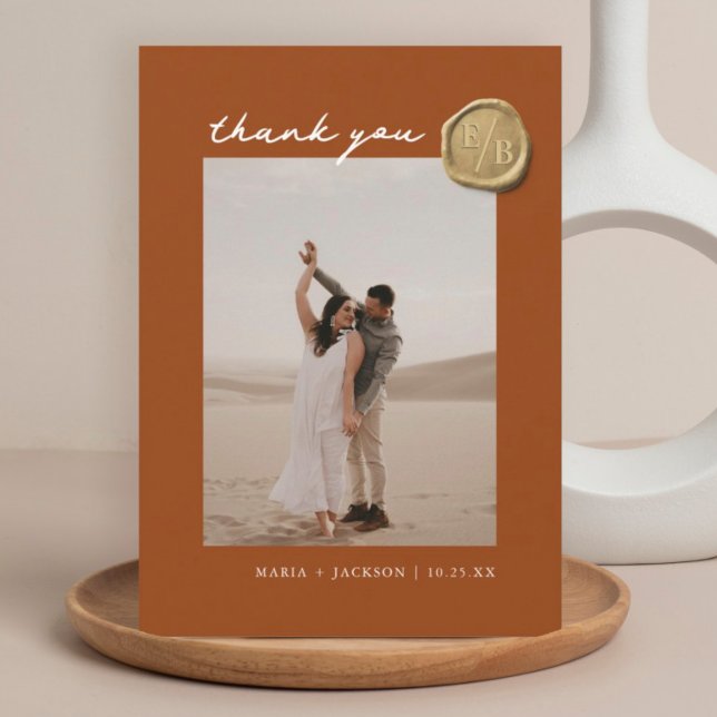 Terracotta Boho Wax Seal Photo Wedding Thank You Card (Creator Uploaded)