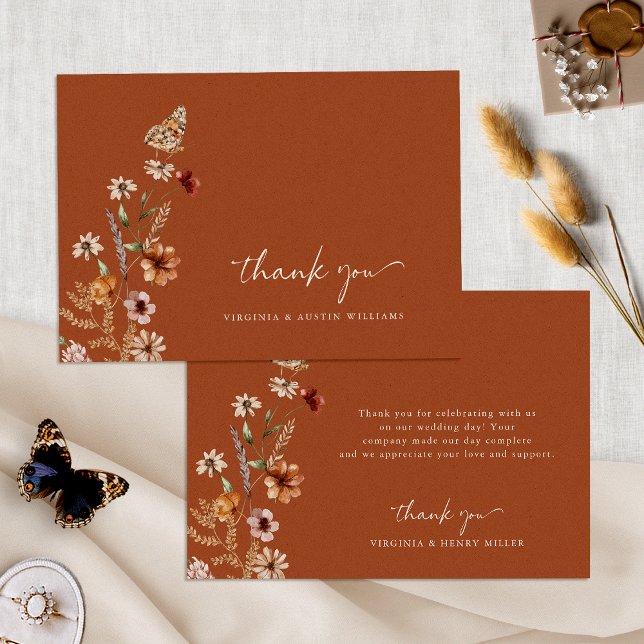 Terracotta Boho Wedding Thank You Card (Terracotta Boho Floral Wedding Thank You Card with Butterfly by Painted Paperie
)