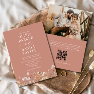 Terracotta Boho Wildflower QR Code Photo Wedding Invitation