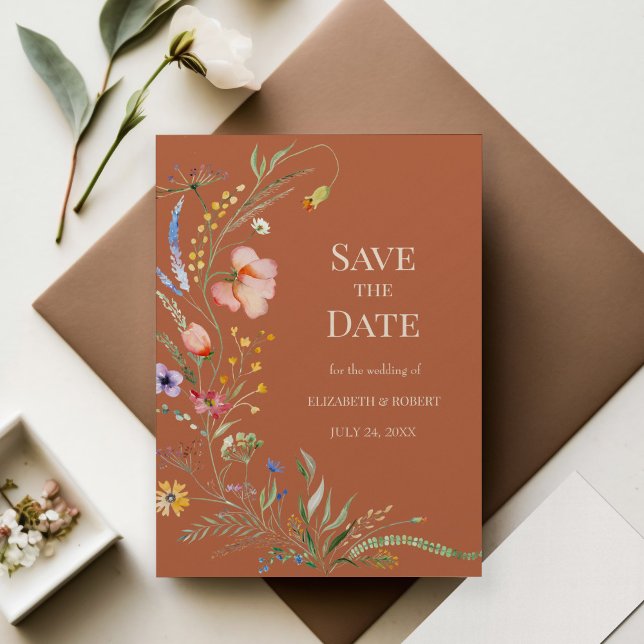 Terracotta Boho Wildflowers Save The Date Card (Terracotta Boho Wildflowers Save The Date Card on wedding table with flowers.)