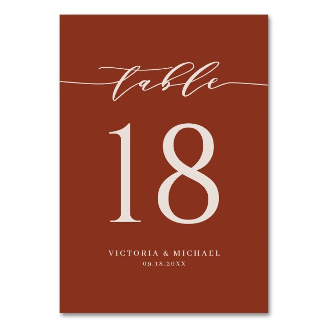 Terracotta Bold Minimalist Script Wedding Table Number (Front)