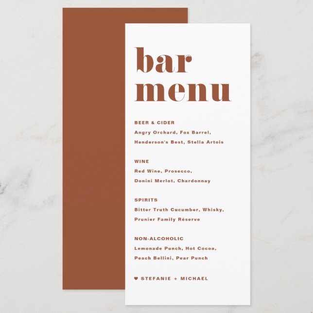 Terracotta Bold Retro Typography Wedding Bar Menu (Front/Back)