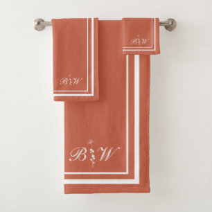 Terracotta Border Script Girl Monogram Bath Towel Set