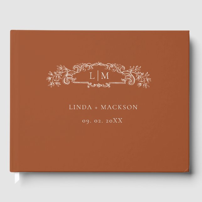 Terracotta botanical crest monogram wedding guest book (Front)