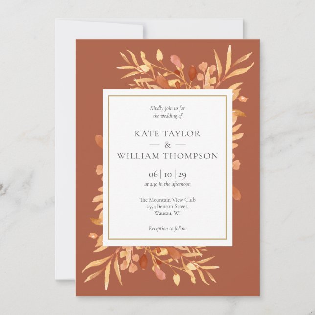 Terracotta Botanical Gold Geometric Wedding Invitation (Front)
