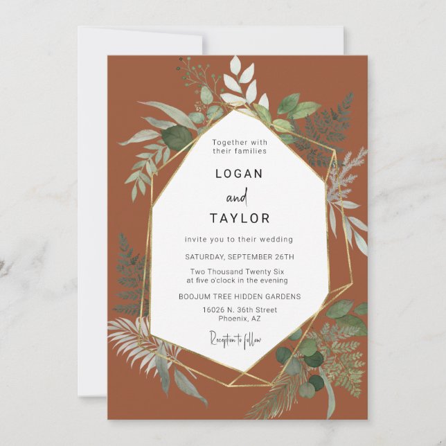 Terracotta Botanical Greenery Gold QR Code Photo Invitation (Front)