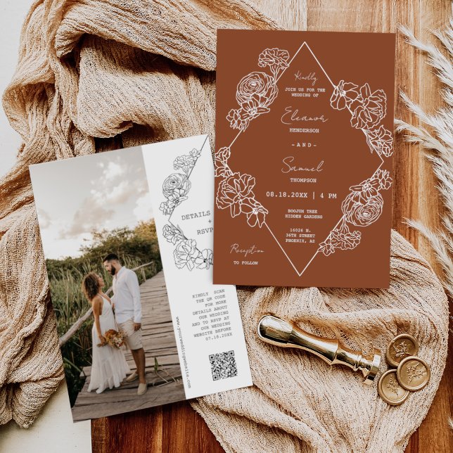 Terracotta Botanical Line Art Boho QR Code Photo Invitation (Creator Uploaded)