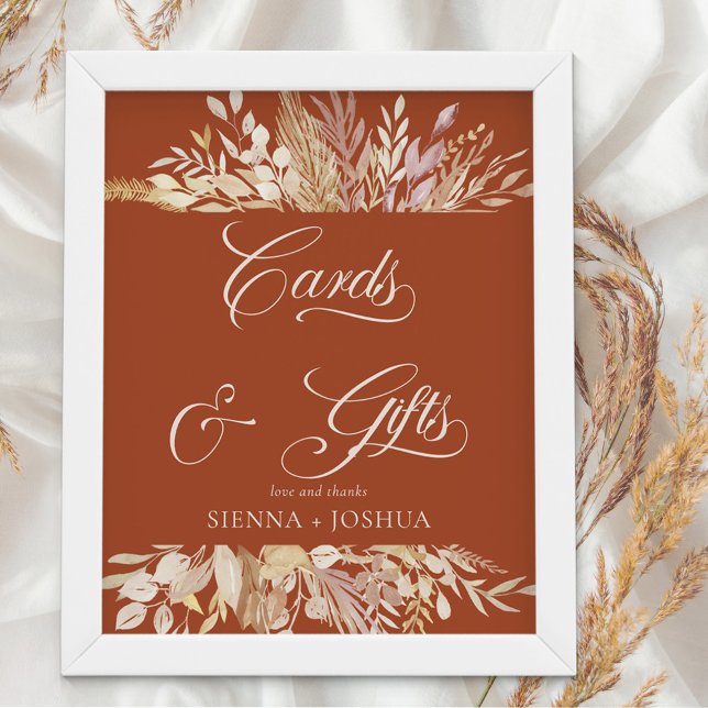 Terracotta Botanical Wedding Cards and Gifts Poster (Cards and Gifts Wedding sign poster to frame as you wish for wall or table)