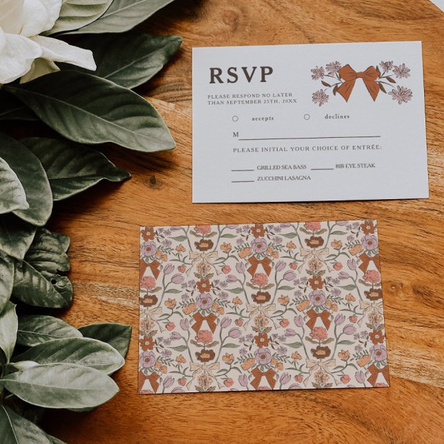 Terracotta Bow Floral Wedding RSVP Meal Choice  Card (Creator Uploaded)