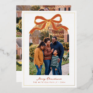 Terracotta Bow Merry Christmas Arched Family Photo Foil Holiday Card