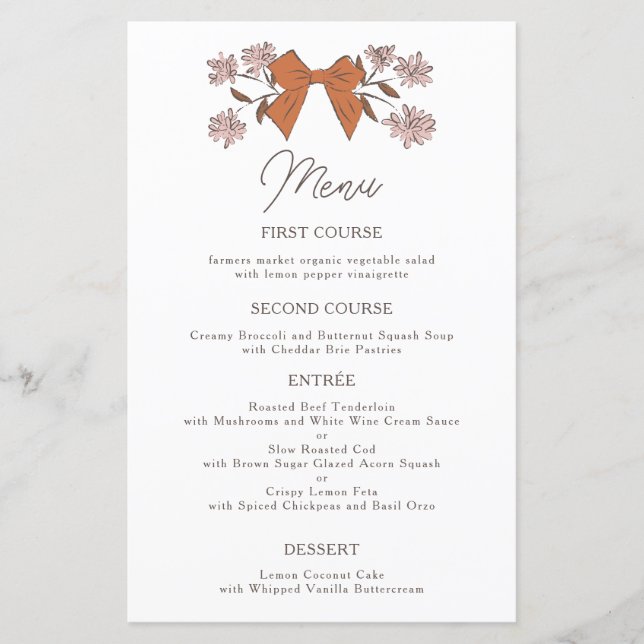 Terracotta Bows Flower Wedding Dinner Menu (Front)