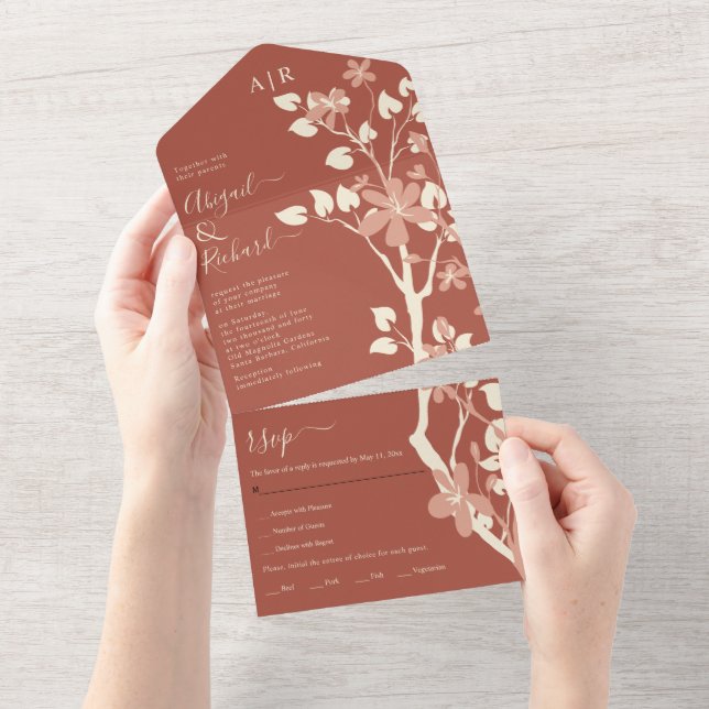 Terracotta branch with flowers initials wedding all in one invitation (Tearaway)