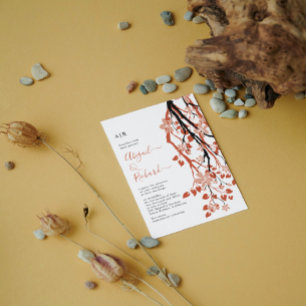 Terracotta branch with flowers initials wedding invitation