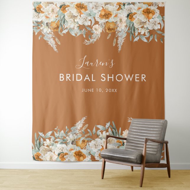Terracotta Bridal Shower Photo Booth Backdrop Tapestry (In Situ)