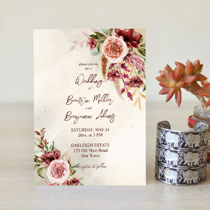 Terracotta brown boho flowers wedding invitation