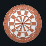 Terracotta Brown Custom Family Name Classic Dartboard<br><div class="desc">A classic dartboard design with alternating terracotta colour and white triangles. 

Above and below there are the name and a message as arched text,  in caps.</div>
