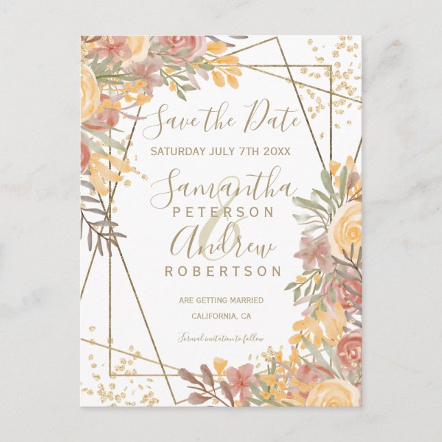 Terracotta brown floral gold frame save the date announcement postcard (Front)