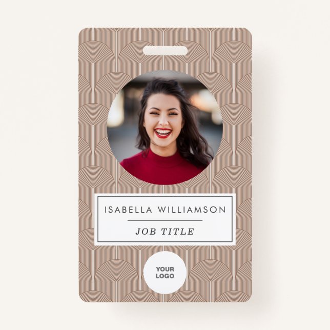 Terracotta Brown Lines Unique Employee Photo ID ID Badge (Front)