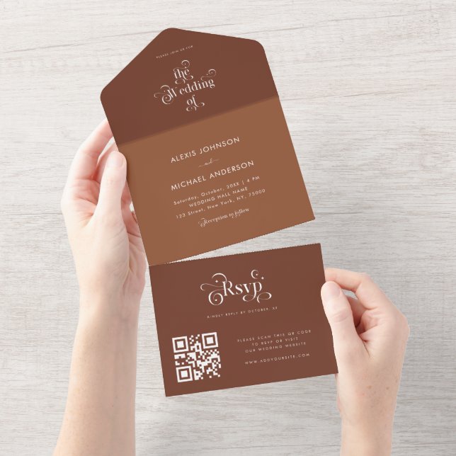 Terracotta Brown Shades Retro Typography QR Code All In One Invitation (Tearaway)