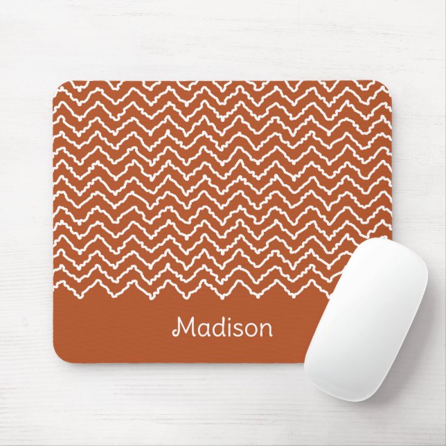 Terracotta Brown Squiggly Chevron Zigzag Pattern Mouse Mat (With Mouse)