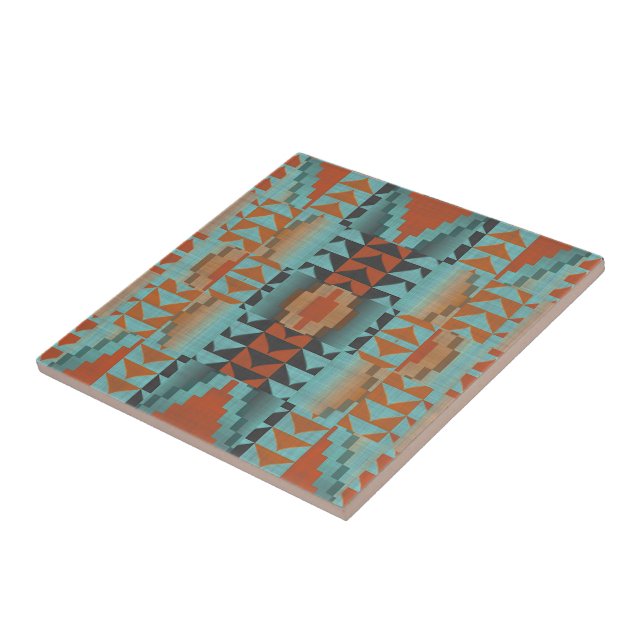 Terracotta Brown Turquoise Blue Ethnic Tribe Art Tile (Side)