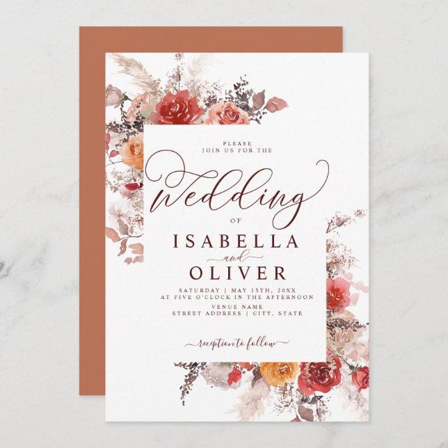 Terracotta Burgundy Burnt Orange Boho Wedding Invi Invitation (Front/Back)