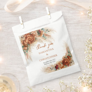 Terracotta burgundy eucalyptus and pampas grass favour bags