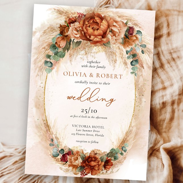 Terracotta burgundy eucalyptus and pampas grass invitation (Amazing wedding invitation featured terracotta and copper flowers mixed burgundy flowers and pampas)