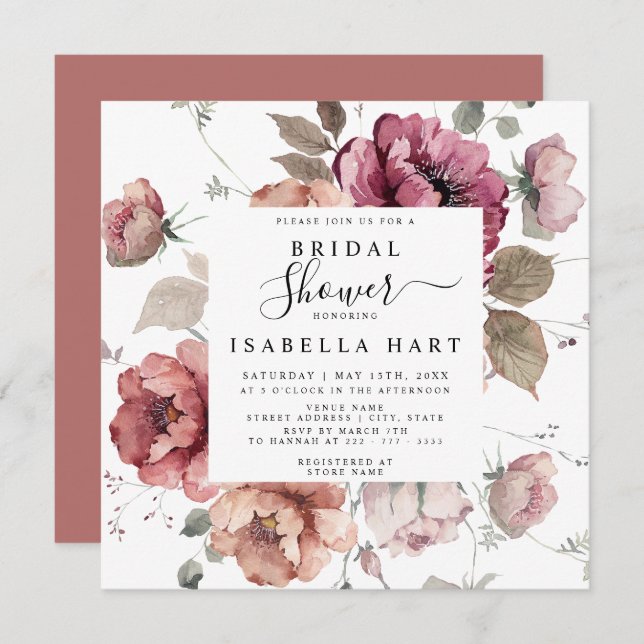 Terracotta Burgundy Fall Boho Floral Bridal Shower Invitation (Front/Back)