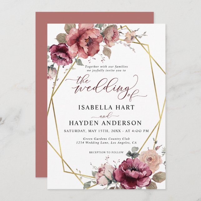 Terracotta Burgundy Floral Gold Beige Fall Wedding Invitation (Front/Back)