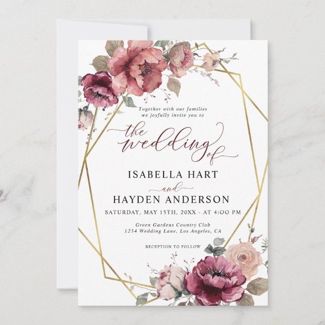 Terracotta Burgundy Floral Gold Boho Fall Wedding Invitation (Front)