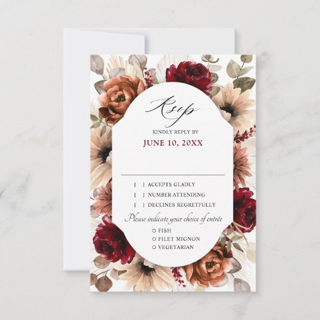 Terracotta Burgundy Greenery Geometric Wedding RSVP Card (Front)
