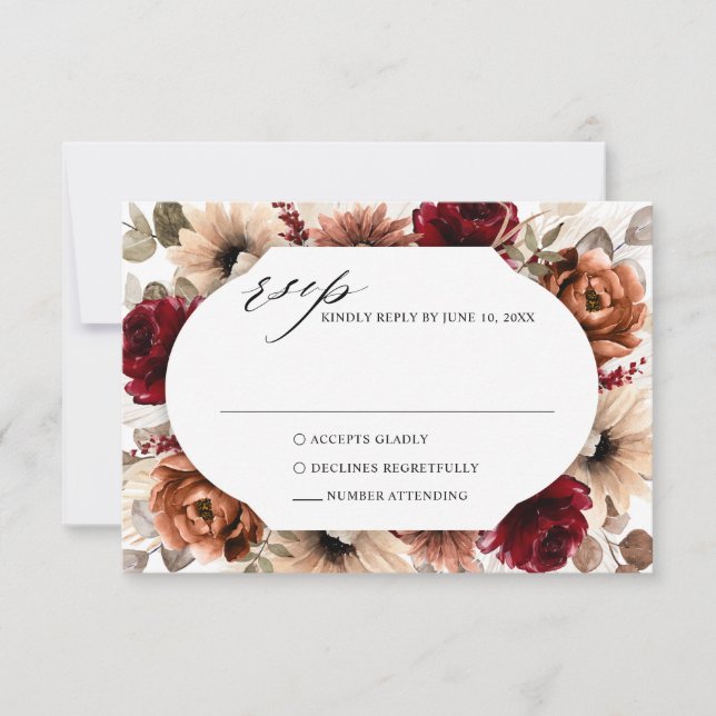 Terracotta Burgundy Greenery Geometric Wedding RSVP Card (Front)