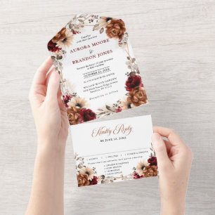 Terracotta Burgundy Mauve Floral Geometric Wedding All In One Invitation