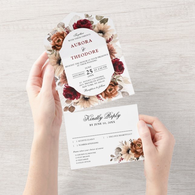 Terracotta Burgundy Mauve Floral Geometric Wedding All In One Invitation (Tearaway)