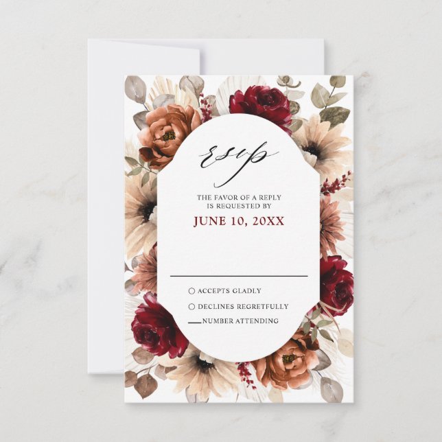 Terracotta Burgundy Mauve Floral Geometric Wedding RSVP Card (Front)