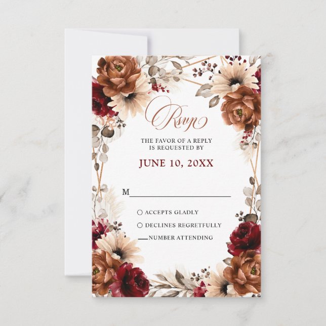 Terracotta Burgundy Mauve Floral Geometric Wedding RSVP Card (Front)