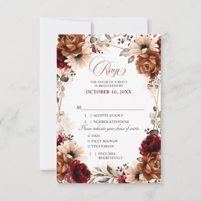 Terracotta Burgundy Mauve Floral Geometric Wedding RSVP Card (Front)