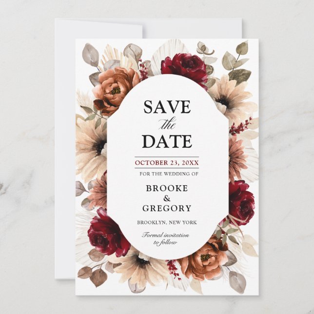 Terracotta Burgundy Mauve Floral Geometric Wedding Save The Date (Front)