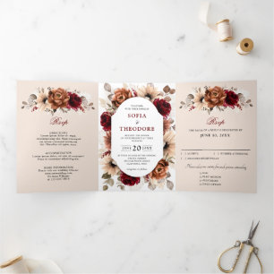 Terracotta Burgundy Mauve Floral Geometric Wedding Tri-Fold Announcement
