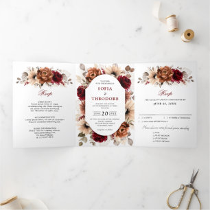 Terracotta Burgundy Mauve Floral Geometric Wedding Tri-Fold Announcement