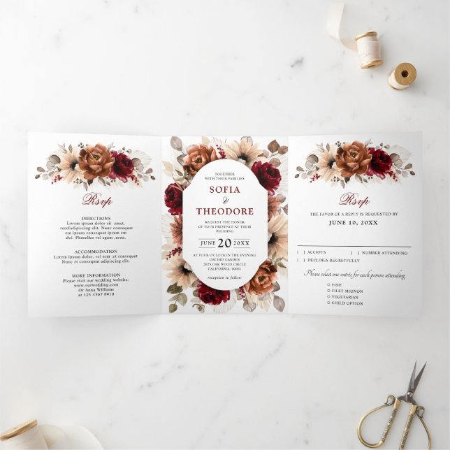 Terracotta Burgundy Mauve Floral Geometric Wedding Tri-Fold Announcement (Inside)